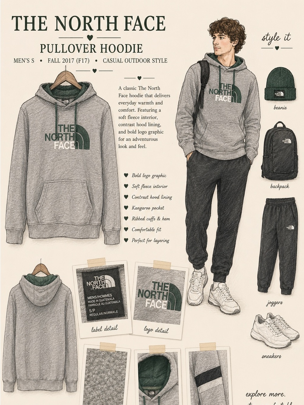 The North Face Hoodie Men’s S Gray Green Logo Pullover Fleece Fall 2017